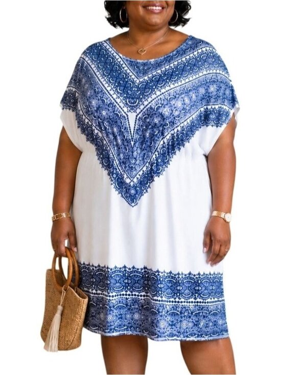 5th & Love Dresses & Skirts - 5th & Love Size Large Caftan Dress Blue White Bohemian Print Tie Waist Belt